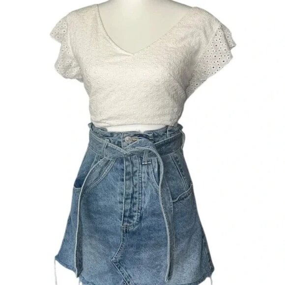 FREE PEOPLE - East Of Eden Denim Mini Blue Washed Skirt Sz 24 - Picture 5 of 7